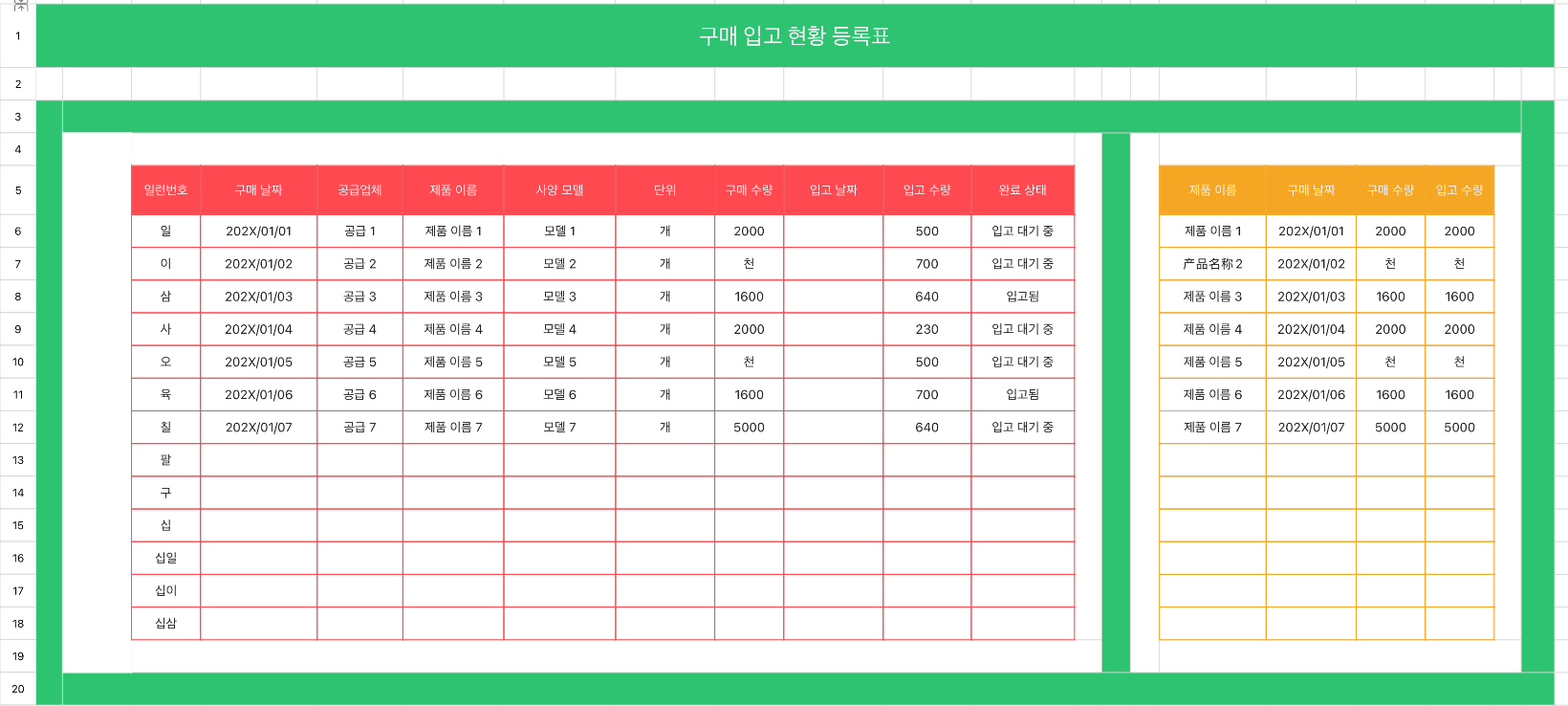 구매 입고 현황 등록표